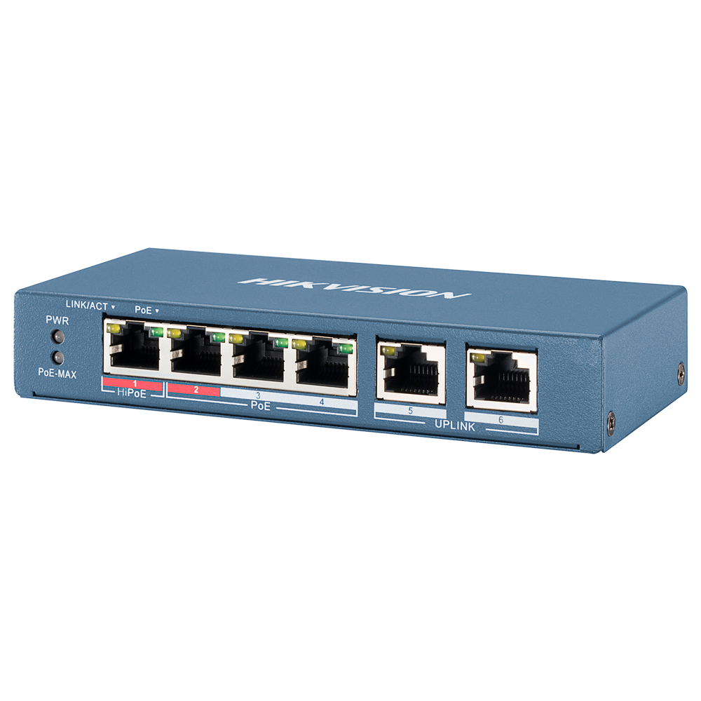 DS-3E0106HP-E –4-poorts PoE-switch met 2 uplinks en 110W PoE++ vermogen